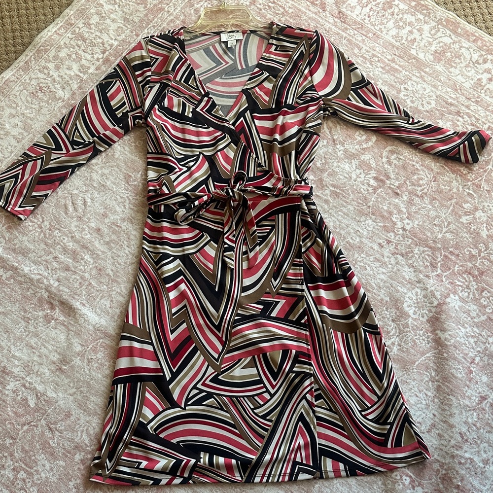 LOFT Abstract Striped Wrap Dress in Pink, Black & Brown